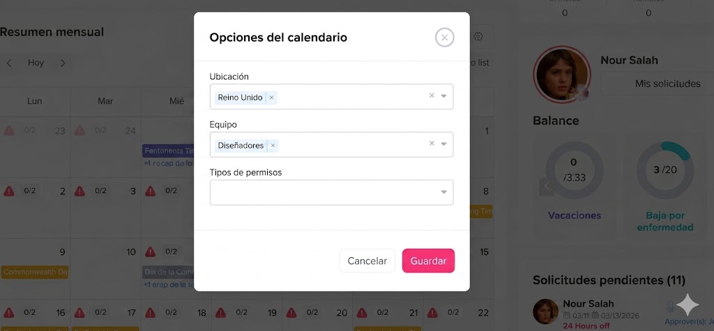 Un panel de control de la aplicación en español con un modal de opciones de calendario superpuesto.
