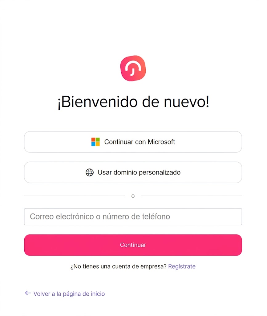 Una captura de pantalla de la pantalla de inicio de sesión de una aplicación, con el texto "¡Bienvenido de nuevo!", un botón para "Continuar con Microsoft", otro para "Usar dominio personalizado", un campo de texto para "Correo electrónico o número de teléfono", un botón rojo para "Continuar", y enlaces para "Registrarse" y "Volver a la página de inicio", todo en español.