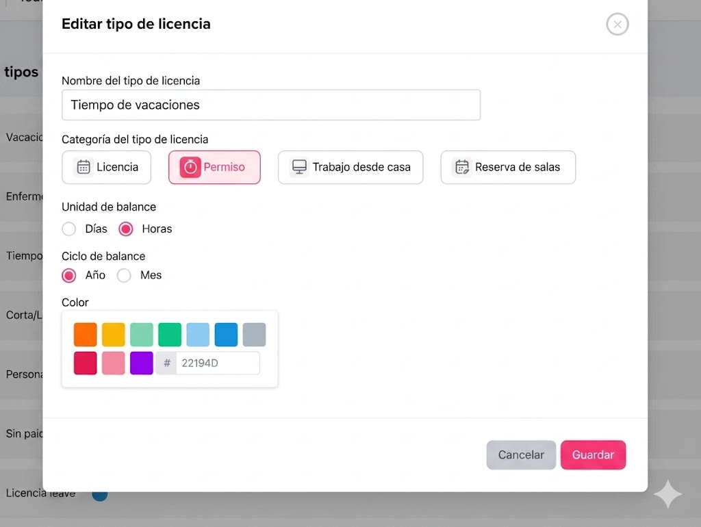 Una captura de pantalla de un formulario digital en español para configurar un tipo de licencia llamado "Tiempo de vacaciones", mostrando opciones para la categoría, unidad de balance, ciclo y selección de color.