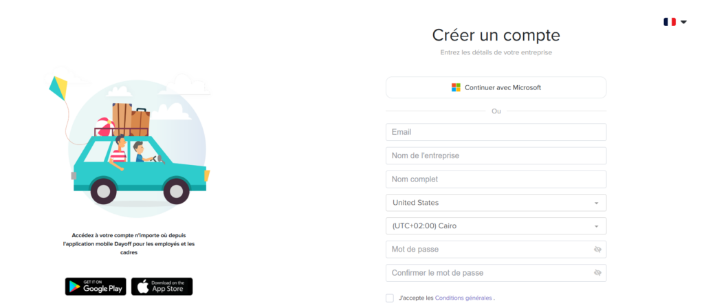 Interface d’inscription permettant de créer un compte entreprise, avec option de connexion via Microsoft ou formulaire incluant email, nom de l’entreprise, nom complet, pays, fuseau horaire et mot de passe, accompagnée d’une illustration et de liens vers les applications mobiles.