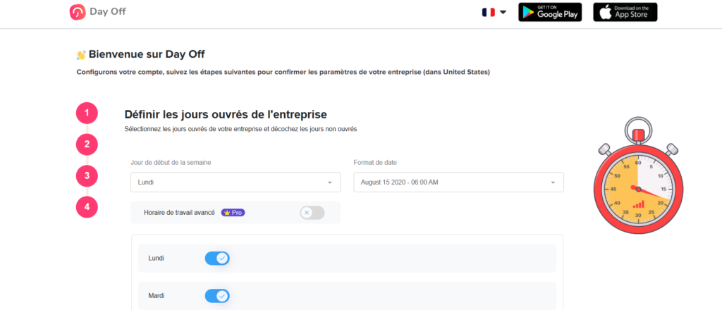 Interface de bienvenue guidant la configuration du compte, avec une étape pour définir les jours ouvrés de l’entreprise, incluant le choix du jour de début de semaine, le format de date, une option d’horaire avancé et une liste de jours activables, accompagnée d’une illustration de chronomètre.