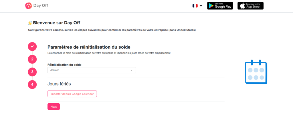 Interface de configuration du compte affichant une étape pour définir le mois de réinitialisation du solde des congés et importer les jours fériés via Google Calendar, avec un bouton pour passer à l’étape suivante.