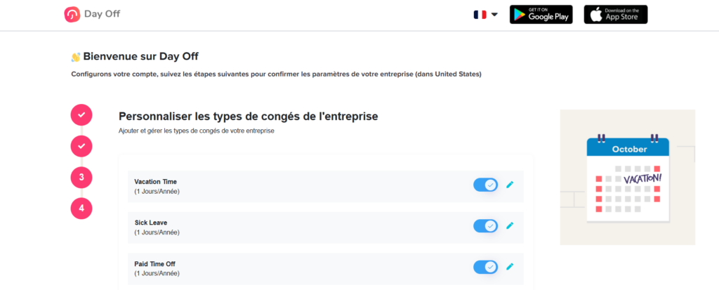 Interface de configuration permettant de personnaliser les types de congés (vacances, congé maladie, congé payé), avec options d’activation et de modification pour chaque type, dans le cadre du processus de configuration du compte.