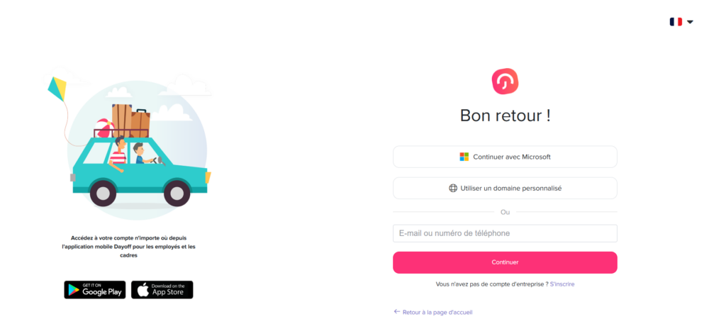 Interface de connexion affichant un message de bienvenue, avec options pour se connecter via Microsoft ou un domaine personnalisé, un champ pour email ou numéro de téléphone, un bouton pour continuer, ainsi qu’une illustration et des liens de téléchargement des applications mobiles.