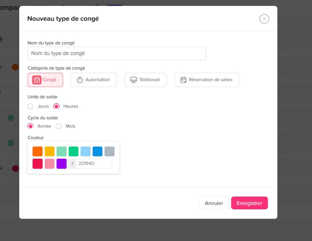 Fenêtre modale permettant de créer un nouveau type de congé, avec champs pour le nom, la catégorie (congé, autorisation, télétravail, réservation), l’unité de solde (jours ou heures), le cycle (année ou mois), un sélecteur de couleur et des boutons pour annuler ou enregistrer.