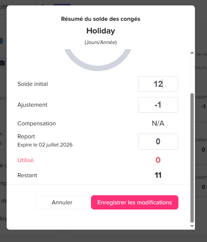Fenêtre affichant le résumé du solde de congés pour un type donné, incluant le solde initial, les ajustements, la compensation, le report avec date d’expiration, le nombre de jours utilisés et restants, avec des champs modifiables et des boutons pour annuler ou enregistrer les modifications.