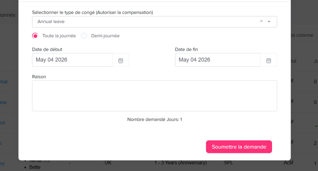 Fenêtre modale permettant de soumettre une demande de congé, avec sélection du type de congé, option journée complète ou demi-journée, champs pour les dates de début et de fin, zone de saisie pour la raison, affichage du nombre de jours demandés et bouton pour envoyer la demande.