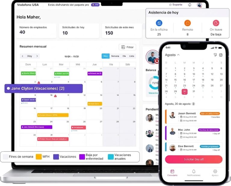 Panel de control de Day Off en versión web y móvil mostrando gestión de vacaciones, solicitudes de tiempo libre y balance de PTO