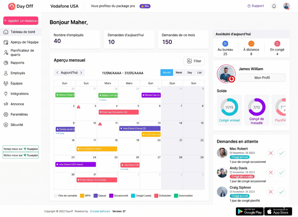 Interface d’un tableau de bord RH affichant un calendrier mensuel des absences, le nombre d’employés, les demandes de congés, l’assiduité du jour et une liste de demandes en attente avec options d’approbation ou de refus.