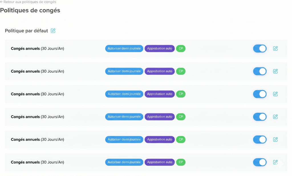 Interface affichant une liste de politiques de congés annuels avec options telles que l’autorisation de demi-journée, l’approbation automatique et des interrupteurs pour activer ou modifier chaque politique.