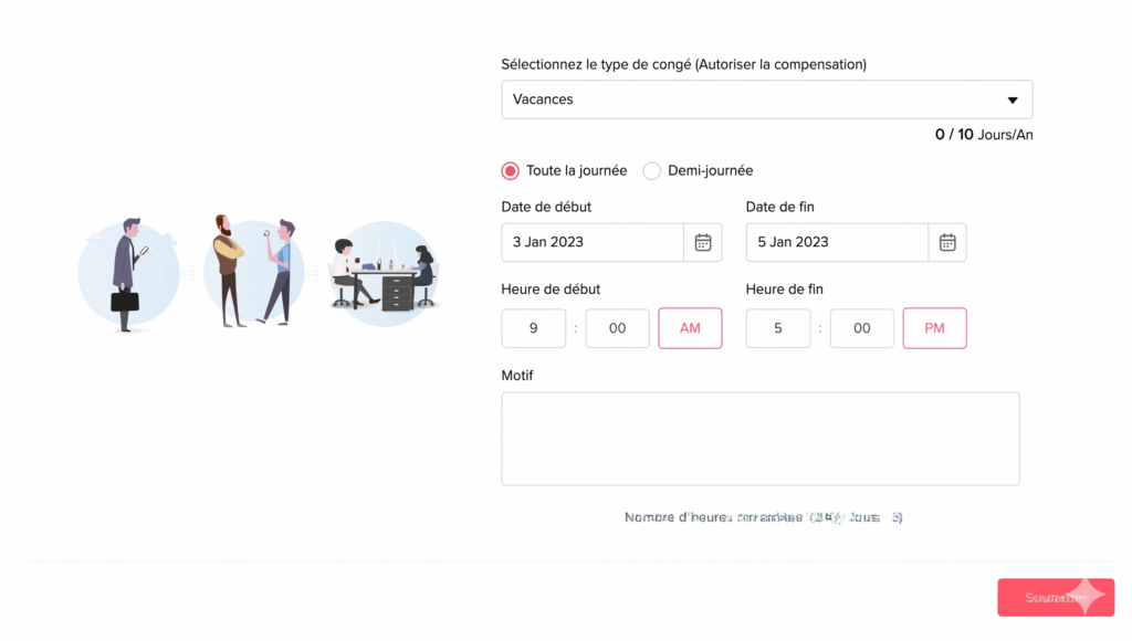 Interface permettant de soumettre une demande de congé, avec sélection du type de congé, option journée complète ou demi-journée, choix des dates et heures de début et de fin, champ pour le motif, affichage du total d’heures et jours demandés, et bouton pour envoyer la demande.