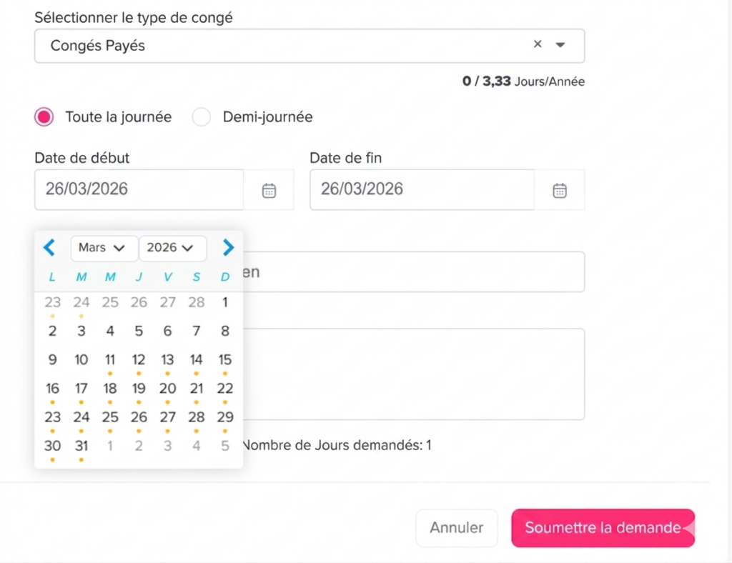 Interface de demande de congé affichant la sélection du type « Congés Payés », option journée entière ou demi-journée, champs de dates avec calendrier ouvert pour mars 2026, et bouton « Soumettre la demande ».