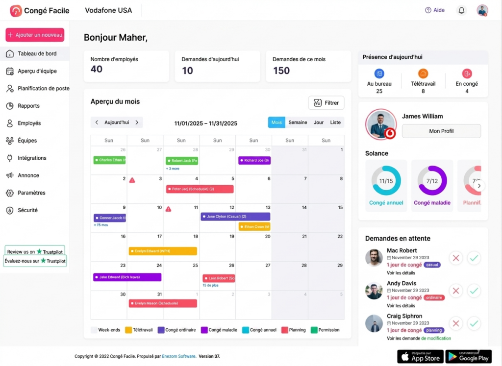 Interface de tableau de bord d’une application de gestion des congés affichant un aperçu mensuel du calendrier, des statistiques (nombre d’employés, demandes), la présence du jour, les soldes de congés et une liste des demandes en attente.