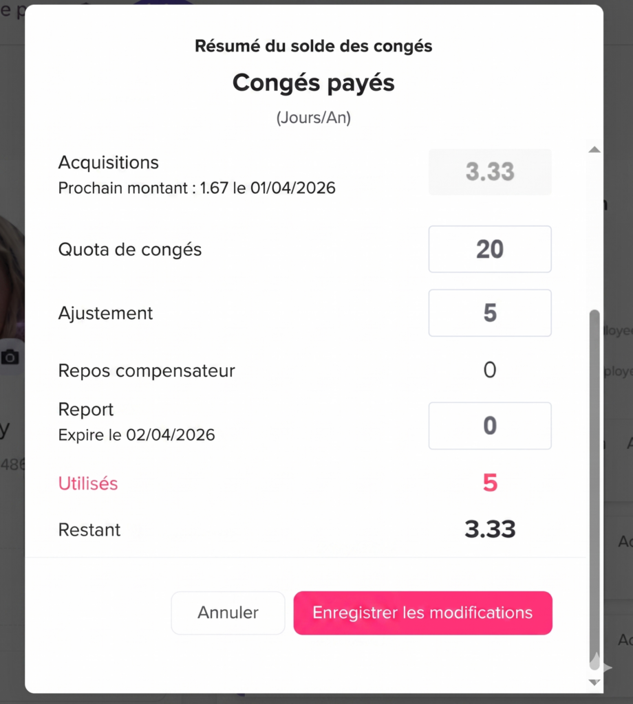 Fenêtre modale affichant le résumé du solde des congés payés avec les acquisitions, le quota, les ajustements, le repos compensateur, le report, les congés utilisés et le solde restant, ainsi que des boutons pour annuler ou enregistrer les modifications.