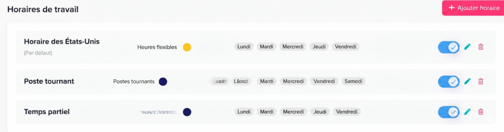Interface affichant les types de congés pour un groupe (temps plein), avec des options activées comme demi-journée, compensation, solde négatif, document requis et report, ainsi que des interrupteurs pour activer ou modifier chaque type de congé.