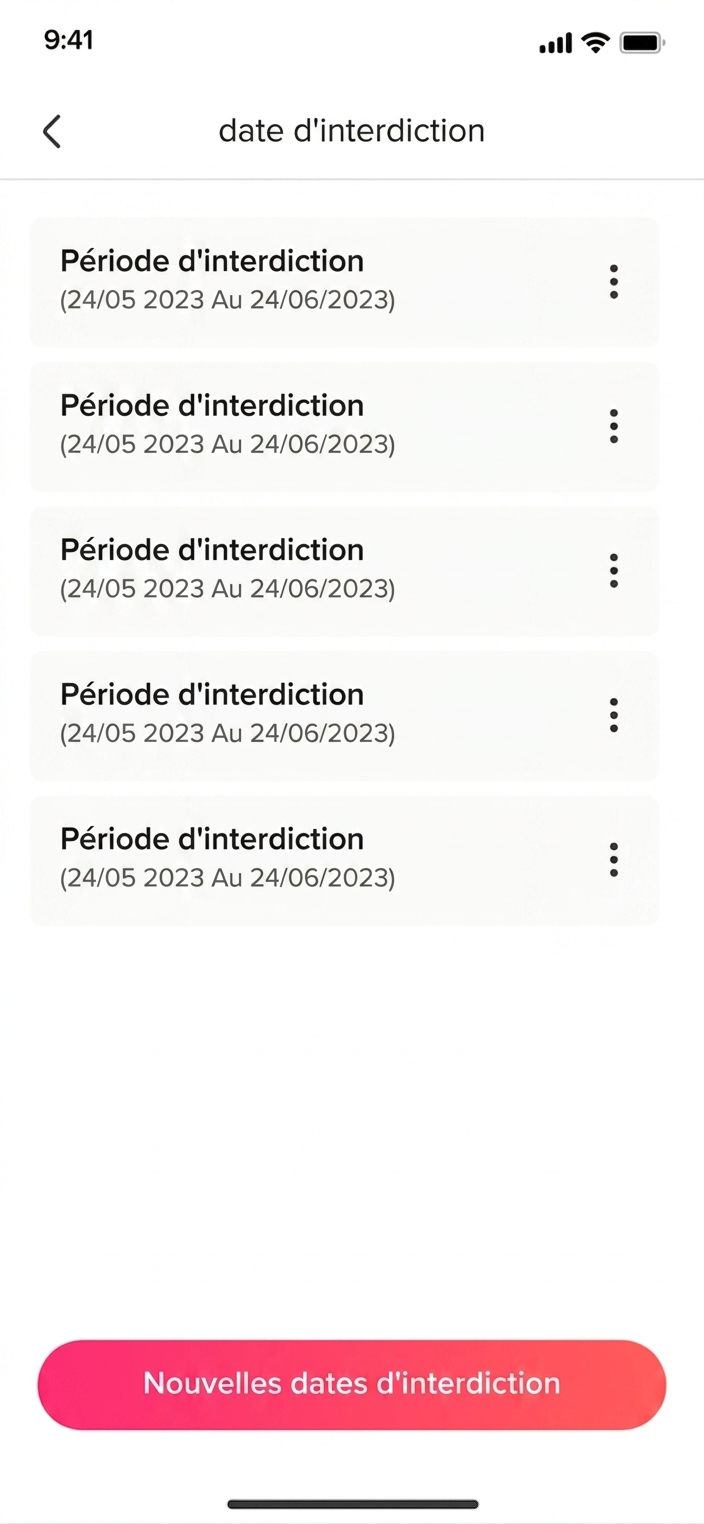 Interface mobile affichant plusieurs périodes d’interdiction de congés avec leurs dates, chacune accompagnée d’un menu d’options, et un bouton en bas pour ajouter de nouvelles dates d’interdiction.