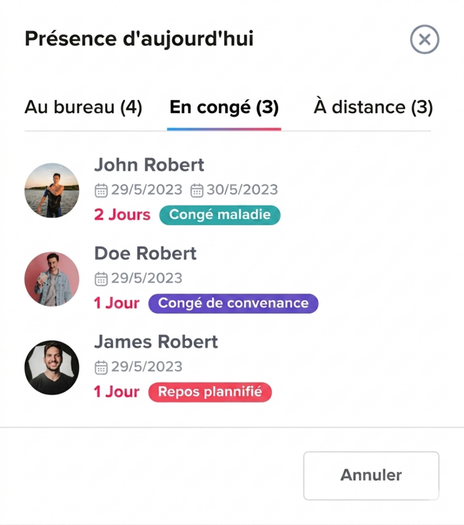 Fenêtre affichant la présence du jour avec onglet « En congé » sélectionné, listant plusieurs employés avec leurs dates d’absence, la durée et le type de congé, ainsi qu’un bouton « Annuler ».