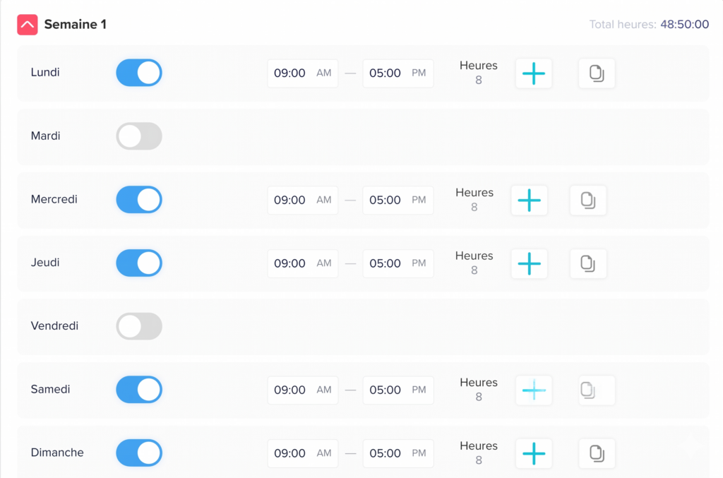 Interface permettant de définir les horaires de travail par jour de la semaine, avec des interrupteurs pour activer ou désactiver chaque jour, des plages horaires (début et fin), le nombre d’heures par jour et un total des heures hebdomadaires affiché en haut.