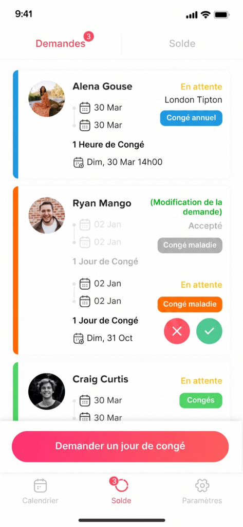 Écran mobile affichant une liste de demandes de congé avec profils d’employés, dates, types de congé, statuts (en attente, accepté) et boutons pour approuver ou refuser, ainsi qu’un bouton pour demander un jour de congé.