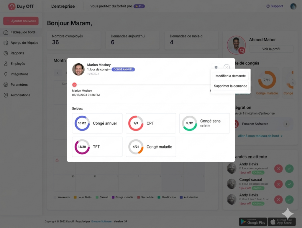 Fenêtre modale affichant les détails d’une demande de congé d’un employé, avec date et type de congé, options pour modifier ou supprimer la demande, et visualisation des soldes de congés sous forme de graphiques circulaires (annuel, CPT, sans solde, TFT, maladie).