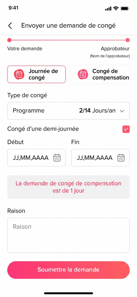 Interface mobile permettant de soumettre une demande de congé, avec options de type de congé, sélection de dates de début et de fin, choix d’une demi-journée, champ de raison et bouton pour soumettre la demande.