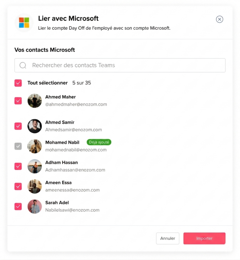 Fenêtre modale permettant de lier un compte Day Off à Microsoft, affichant une liste de contacts avec cases à cocher, indication des contacts déjà ajoutés, barre de recherche et boutons « Annuler » et « Importer ».