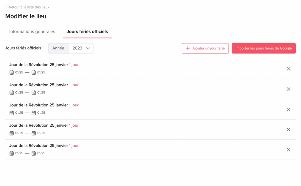 Interface de modification d’un lieu affichant l’onglet des jours fériés officiels pour une année donnée, avec une liste de jours fériés, leurs dates, et des options pour ajouter, importer ou supprimer des entrées.