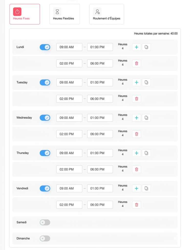Interface de configuration des horaires de travail affichant un planning hebdomadaire avec des heures fixes par jour, des plages horaires matin et après-midi, des options d’ajout ou suppression de créneaux, et un total hebdomadaire de 40 heures.