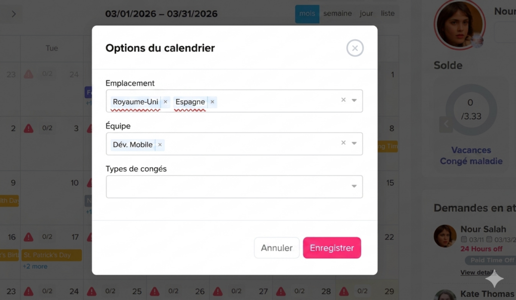 Fenêtre modale « Options du calendrier » affichant des filtres avec plusieurs emplacements sélectionnés (Royaume-Uni, Espagne) et une équipe (Dév. Mobile), ainsi qu’un champ pour les types de congés et des boutons « Annuler » et « Enregistrer ».
