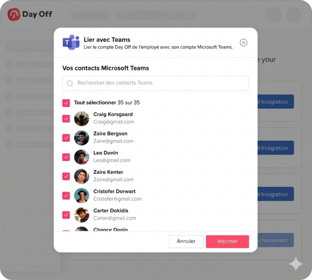 Fenêtre modale permettant de lier des comptes à Microsoft Teams, affichant une liste de contacts avec cases à cocher, option de sélection multiple, barre de recherche et boutons « Annuler » et « Importer ».