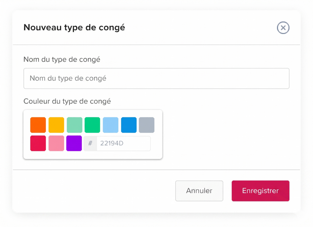 Fenêtre modale permettant d’ajouter un nouveau type de congé, avec un champ pour le nom, un sélecteur de couleurs personnalisables et des boutons pour annuler ou enregistrer.