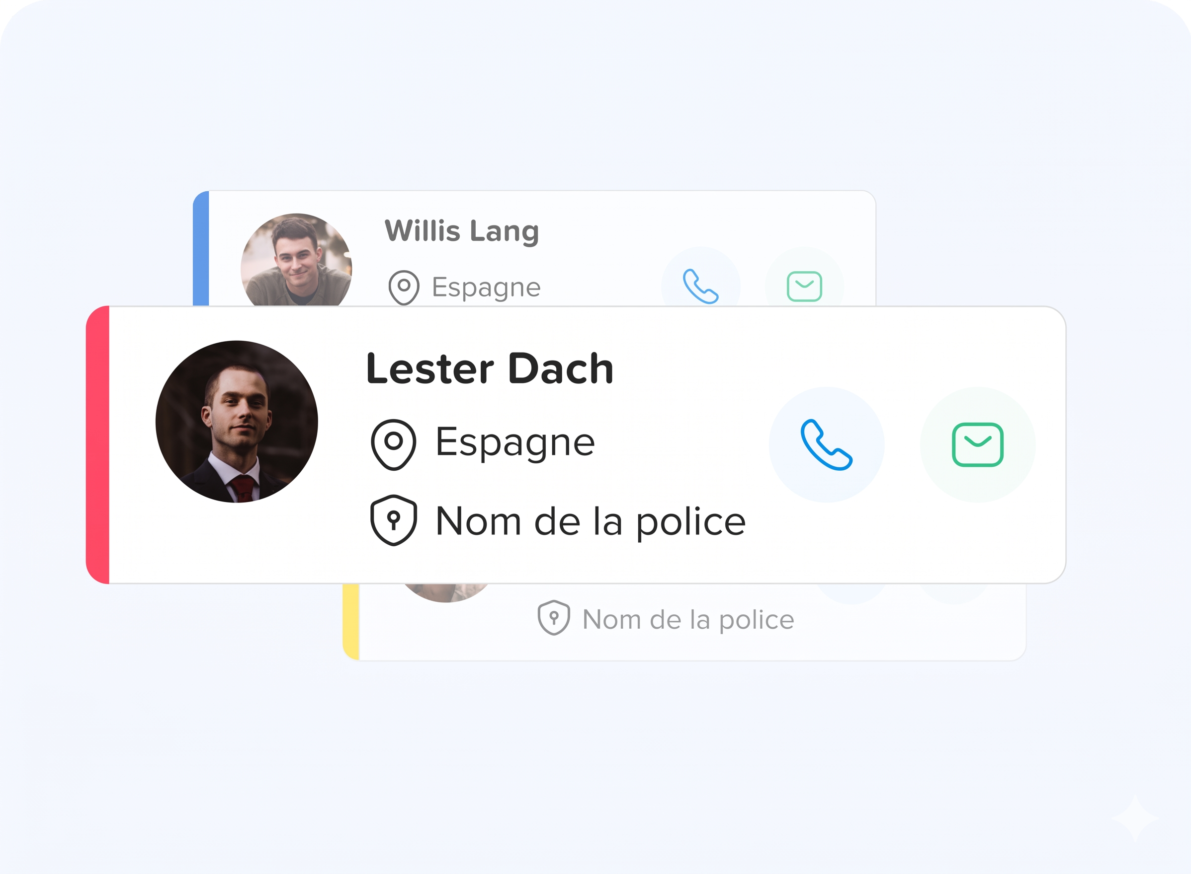 Interface affichant des cartes de profils d’employés avec photo, nom, localisation en Espagne, informations associées et icônes pour appeler ou envoyer un message.