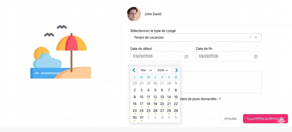 Interface de demande de congé affichant le profil d’un utilisateur, un formulaire avec sélection du type de congé, dates de début et de fin, un calendrier ouvert pour choisir une date, et un bouton « Soumettre la demande ».