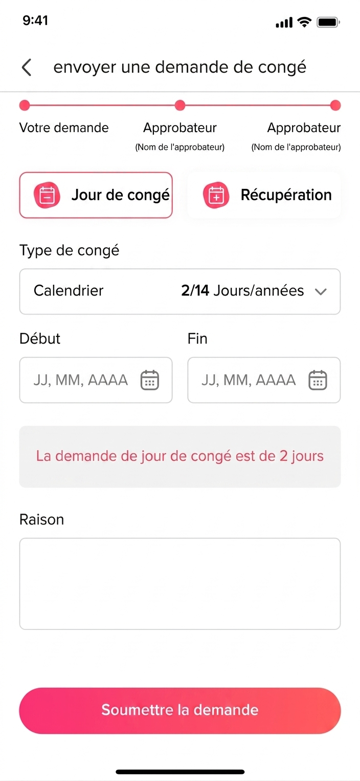 Écran mobile de demande de congé affichant les étapes d’approbation, le choix entre jour de congé et récupération, la sélection du type de congé, les champs de dates, un message indiquant une durée de 2 jours, une zone de saisie du motif et un bouton « Soumettre la demande ».