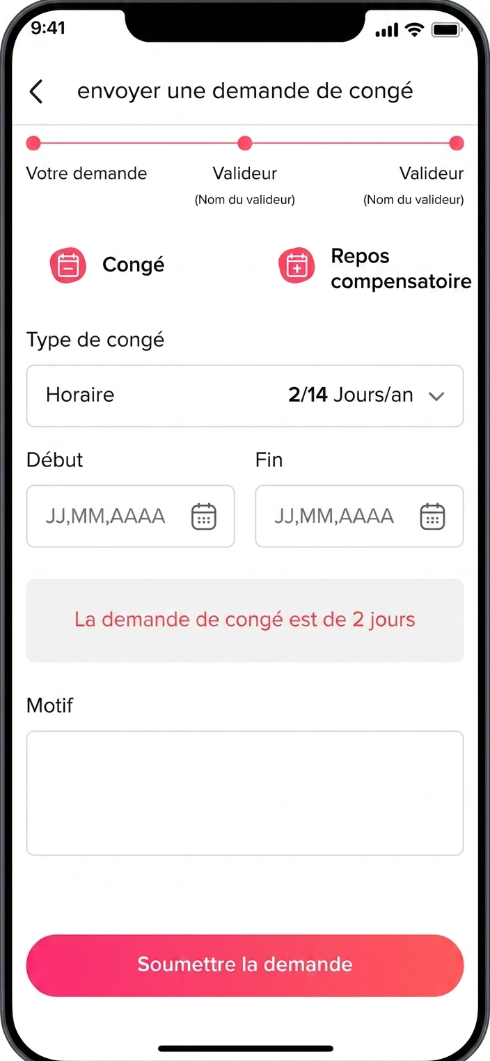 Fenêtre modale affichant un formulaire pour ajouter un jour de congé, avec sélection du type de congé, option journée entière ou demi-journée, champs de dates de début et de fin, zone de saisie pour la raison et bouton « Soumettre la demande ».