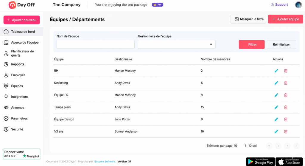 Interface d’administration affichant la liste des équipes et départements avec des filtres par nom et gestionnaire, ainsi que des colonnes indiquant le gestionnaire, le nombre de membres et des actions pour modifier ou supprimer chaque équipe.