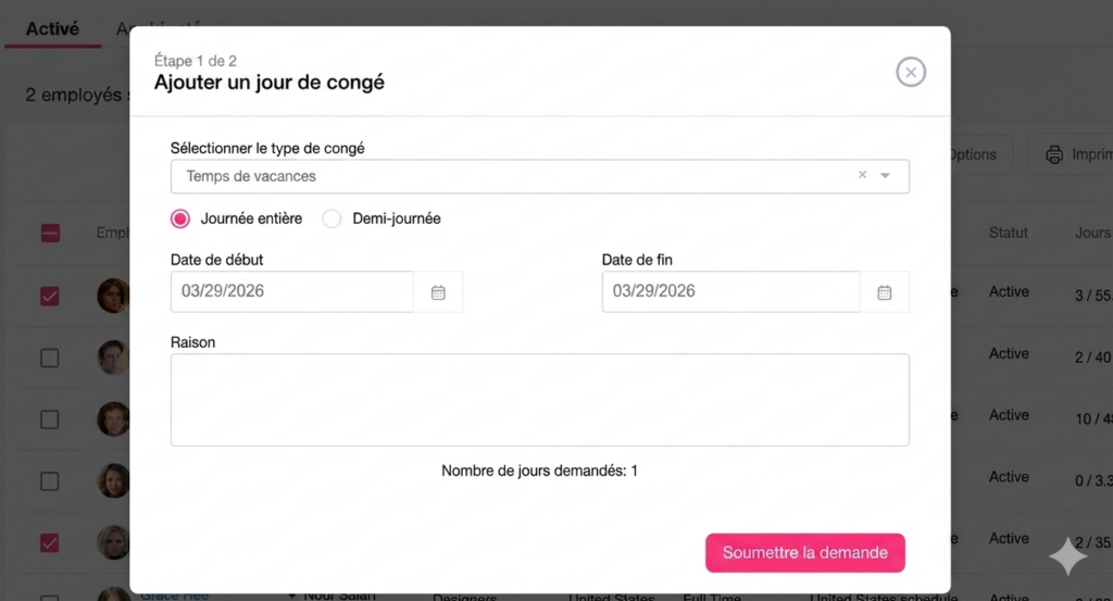 Fenêtre modale affichant un formulaire pour ajouter un jour de congé, avec sélection du type de congé, option journée entière ou demi-journée, champs de dates de début et de fin, zone de saisie pour la raison et bouton « Soumettre la demande ».