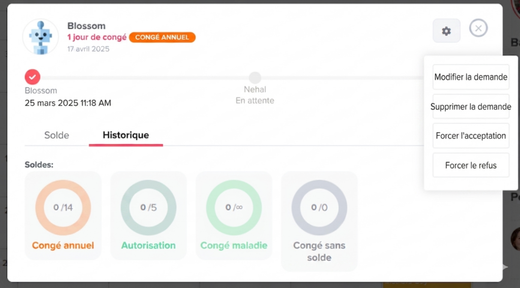 Fenêtre affichant les détails d’une demande de congé annuel d’un employé avec statut, historique de validation, soldes de congés en graphiques circulaires et menu d’actions permettant de modifier, supprimer ou forcer la décision.