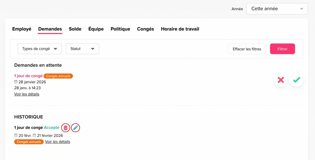 Interface de gestion des demandes de congés affichant un onglet « Demandes », des filtres par type et statut, une demande en attente avec options d’acceptation ou de refus, et un historique des congés déjà approuvés.