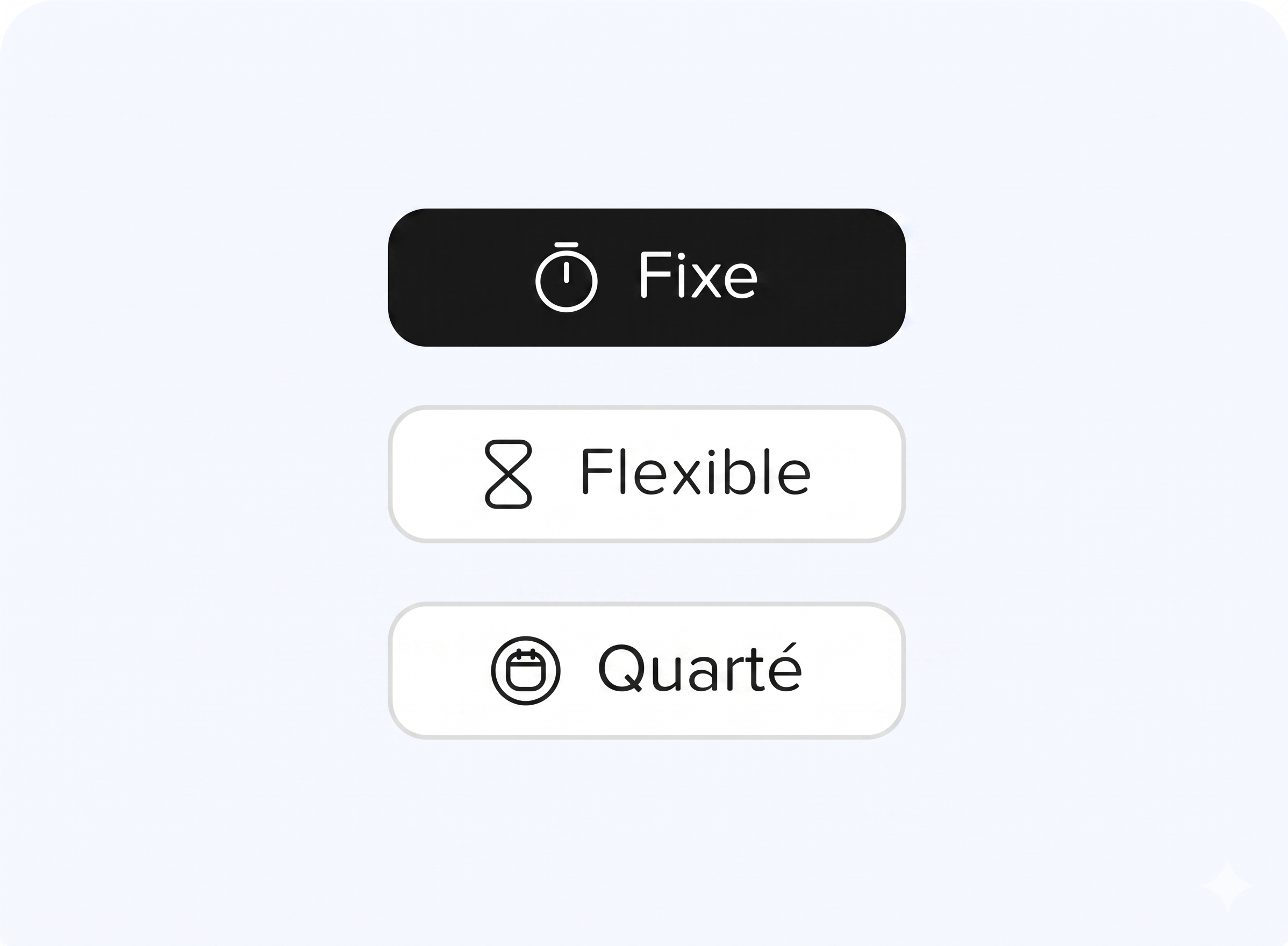 Interface affichant trois options de type d’horaire : « Fixe » (sélectionné), « Flexible » et « Quarté », représentées par des boutons avec icônes.