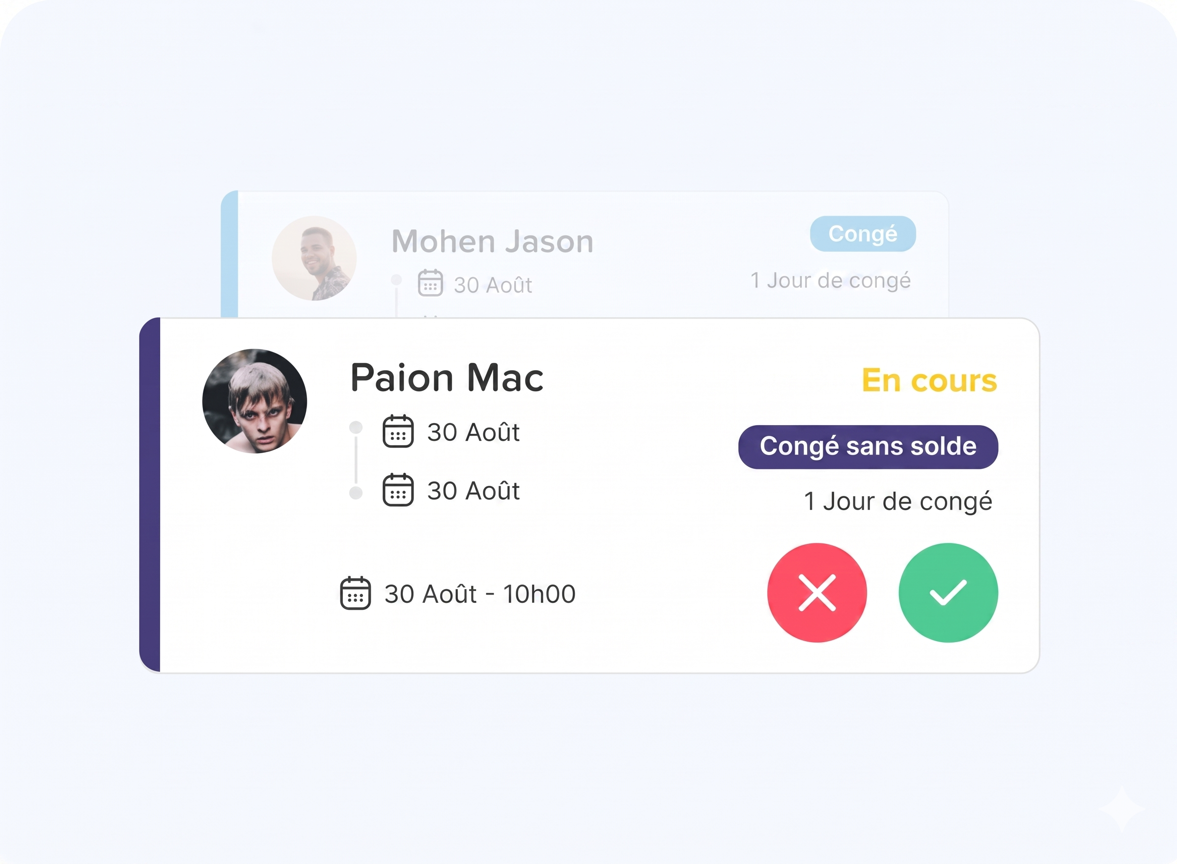 Interface affichant des demandes de congés en attente pour deux employés, avec leurs dates, le type de congé (sans solde ou payé), la durée, et des boutons permettant d’accepter ou de refuser la demande.