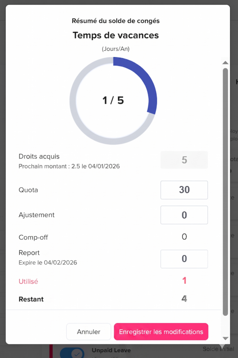 Fenêtre affichant le résumé du solde des congés pour les vacances, avec un graphique circulaire indiquant les jours utilisés sur le total, ainsi que les détails des droits acquis, quota, ajustement, compensation, report avec date d’expiration, jours utilisés et restants, et des boutons pour annuler ou enregistrer les modifications.