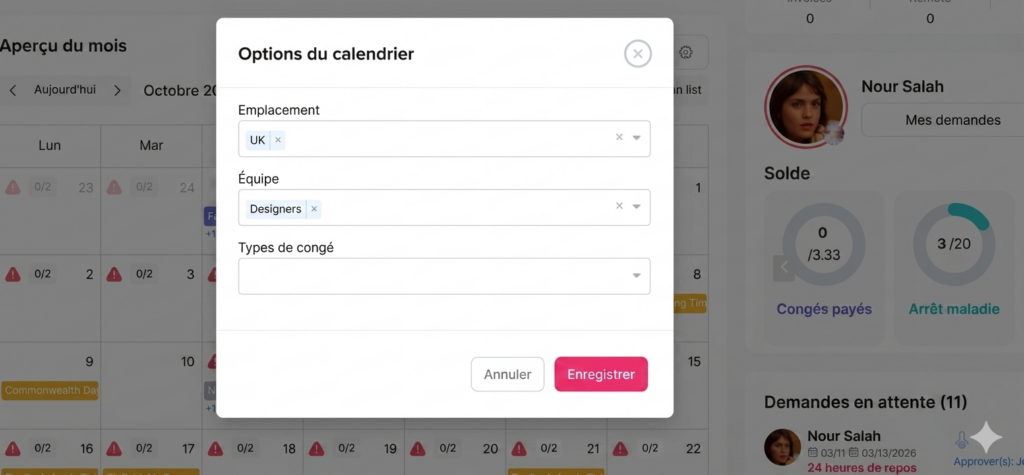 Fenêtre modale « Options du calendrier » permettant de filtrer les données par emplacement, équipe et type de congé, avec boutons « Annuler » et « Enregistrer ».
