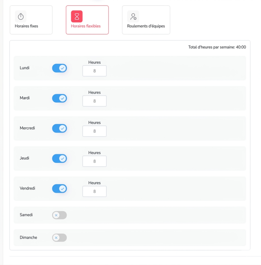 Interface de paramétrage des horaires flexibles affichant un planning hebdomadaire avec activation des jours ouvrés, saisie du nombre d’heures par jour (8 heures du lundi au vendredi), week-end désactivé et total hebdomadaire de 40 heures.