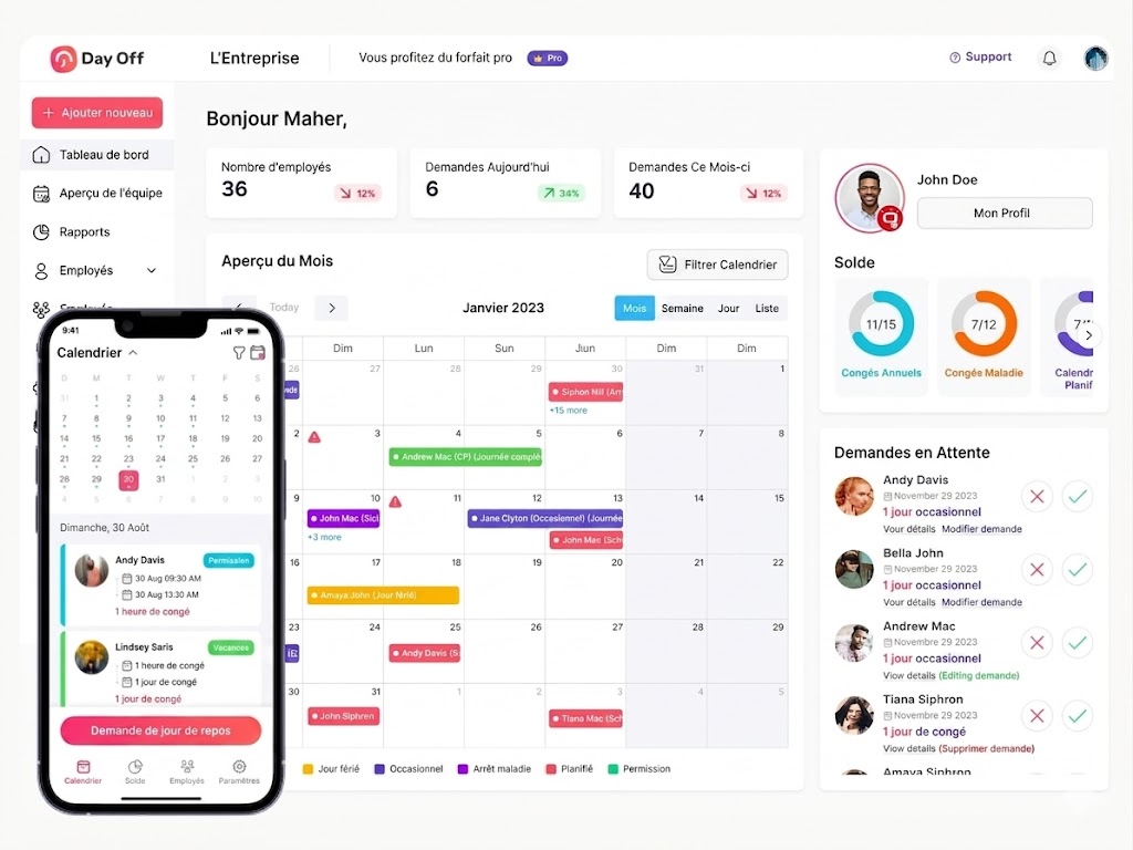Capture d’écran du tableau de bord Day Off affichant un calendrier de gestion des congés des employés, des statistiques d’absences, des soldes de congés et des demandes en attente. Un smartphone montrant l’application mobile de suivi des congés apparaît à gauche de l’interface.