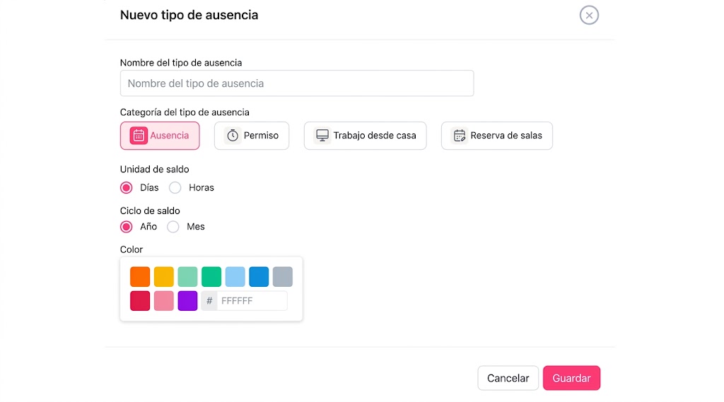 Una interfaz de usuario que muestra un formulario web en español para configurar un nuevo tipo de ausencia, incluyendo campos para el nombre, categoría, unidad de saldo, ciclo de saldo y color.