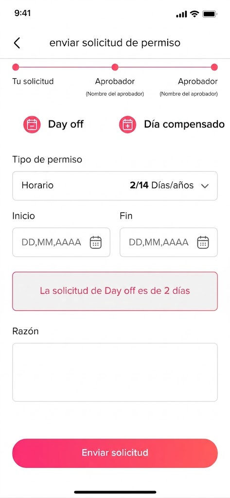 Captura de pantalla de la interfaz de usuario de una aplicación móvil para enviar una solicitud de permiso.