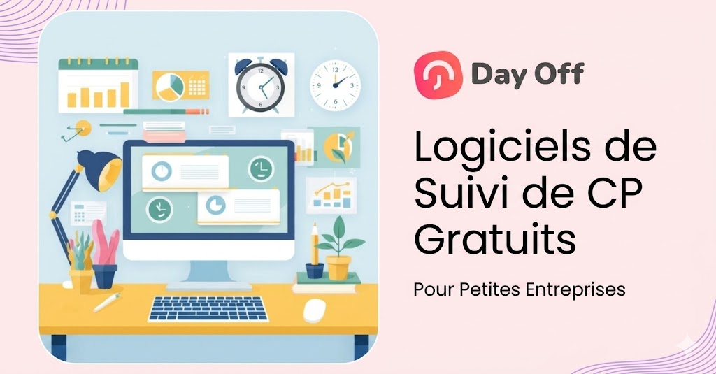 Illustration Day Off présentant des logiciels gratuits de suivi des congés payés pour petites entreprises, avec un bureau numérique affichant tableaux de bord, graphiques et outils de gestion du temps.