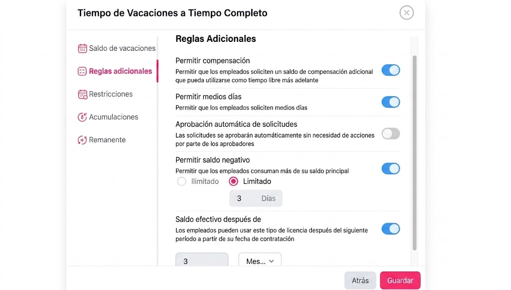 Una captura de pantalla de un panel de configuración de software de RR. HH. en español que muestra opciones como "Permitir medios días" y "Permitir saldo negativo" con selectores de activación azules.