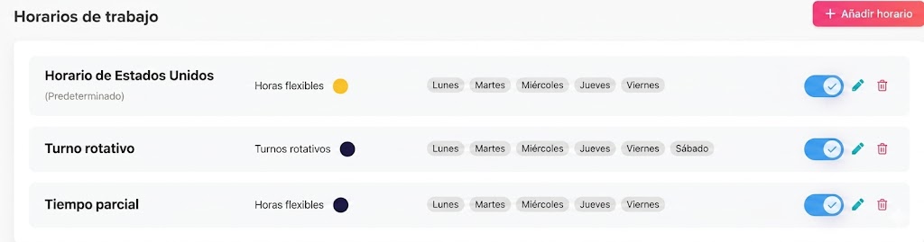 Una captura de pantalla de un panel de gestión de RR. HH. en español que muestra tres horarios de trabajo diferentes: Horario de Estados Unidos, Turno rotativo y Tiempo parcial, cada uno con días laborales, indicadores de color, selectores de activación azules e iconos de acción de edición y eliminación.